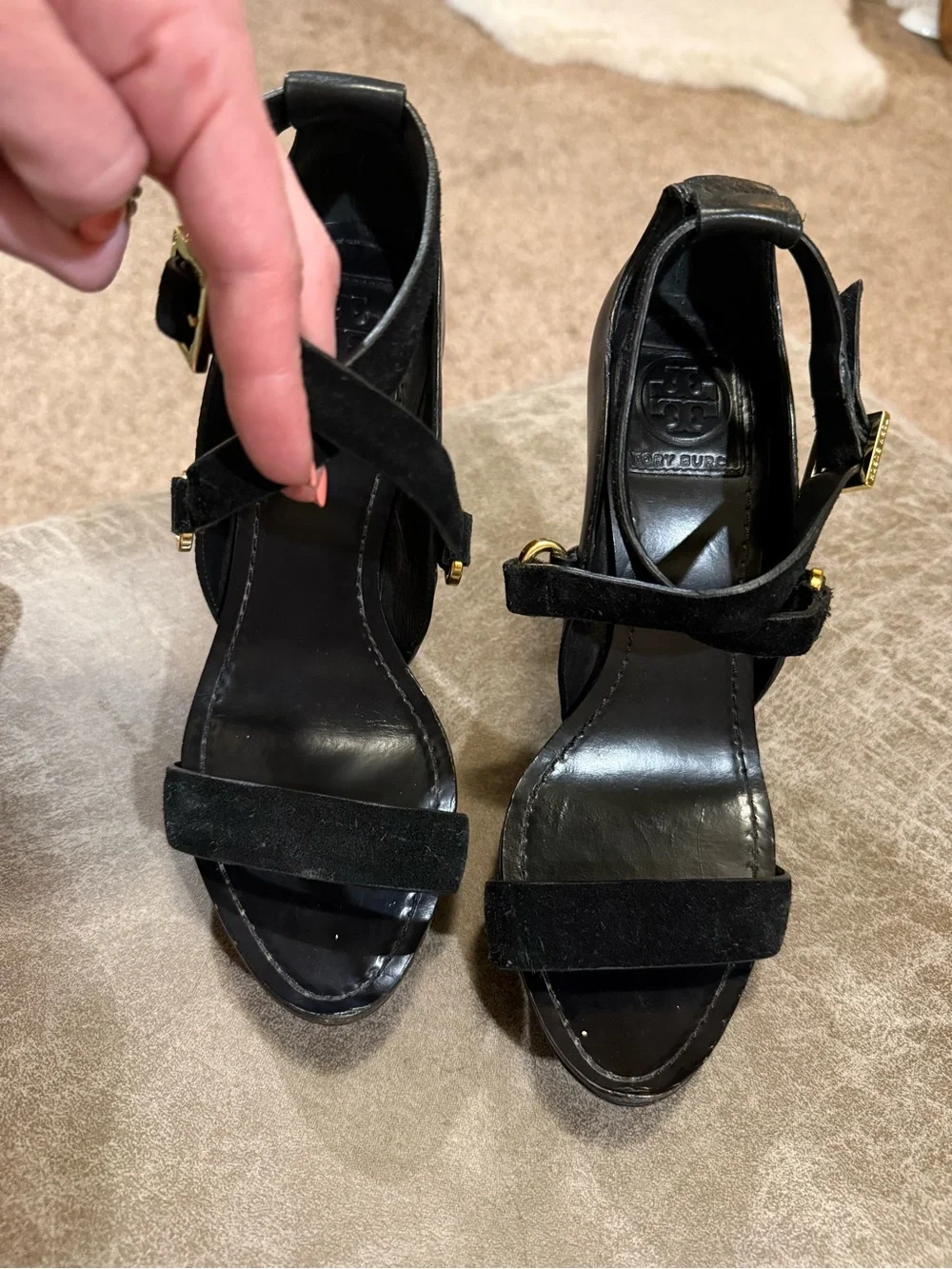 Tory Burch Black Strappy Platform High Heel Sandals with Gold Buckles
